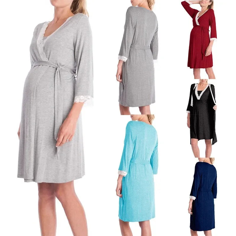 Fashion Lace Three-quarter Sleeve Maternity Nightdress Loose Bathrobe Pregnant Women Nightgown