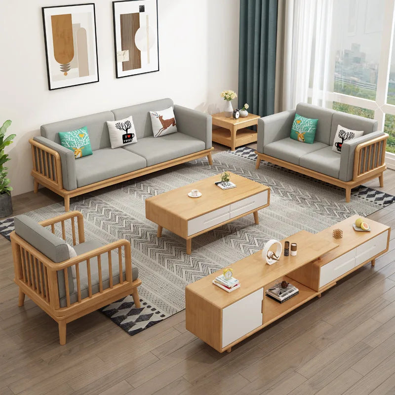Solid wood fabric sofa Small apartment living room sofa combination Log wind Japanese sofa