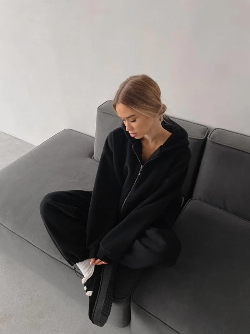 Women's Casual Suit Solid Color Long Sleeve Hooded Cardigan Pocket Sweater Elastic Pants Two-piece Set