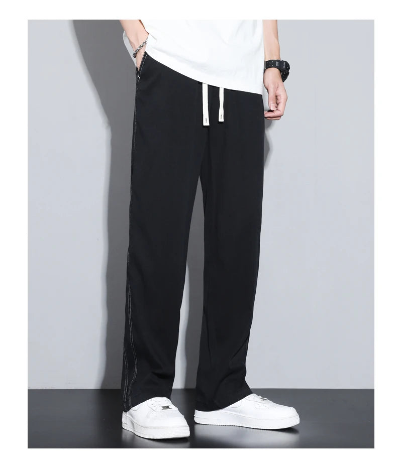 Summer Soft Lyocell Fabric Men's Jeans Thin Loose Straight Pants Drawstring Elastic Waist Korea Casual Trousers Plus Size M-5XL