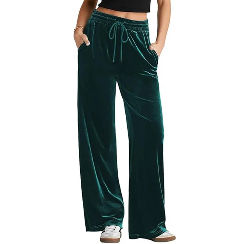 Women's High Waist Velvet Wide Leg Pants Drawstring Elastic Waist Loose Casual Trousers Autumn Winter Solid Color Long Pants B