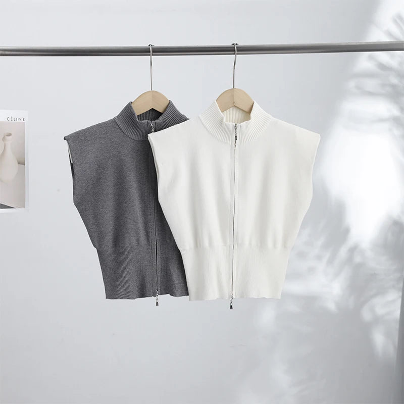 Sleeveless Padded Shoulder Women's Knitted Vest Half Turtleneck Double Zipper Cropped Slim Solid Knit Cardigan Street New Tops