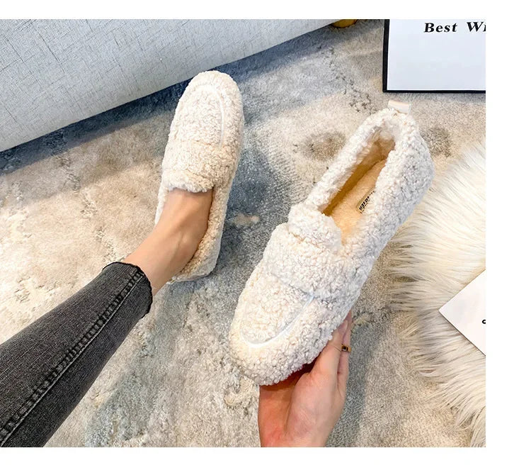Lambwool Moccasins Femme Curly Sheep Fur Flats Woman Warm Plush Loafers Winter Cotton Shoes Women Furry Snow Boot