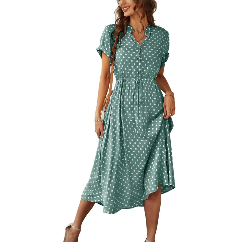 Elegant retro polka dot dress Women's Summer Midi Dress V Neck Single Breasted Short Sleeve Dresses Fashion Print Dress