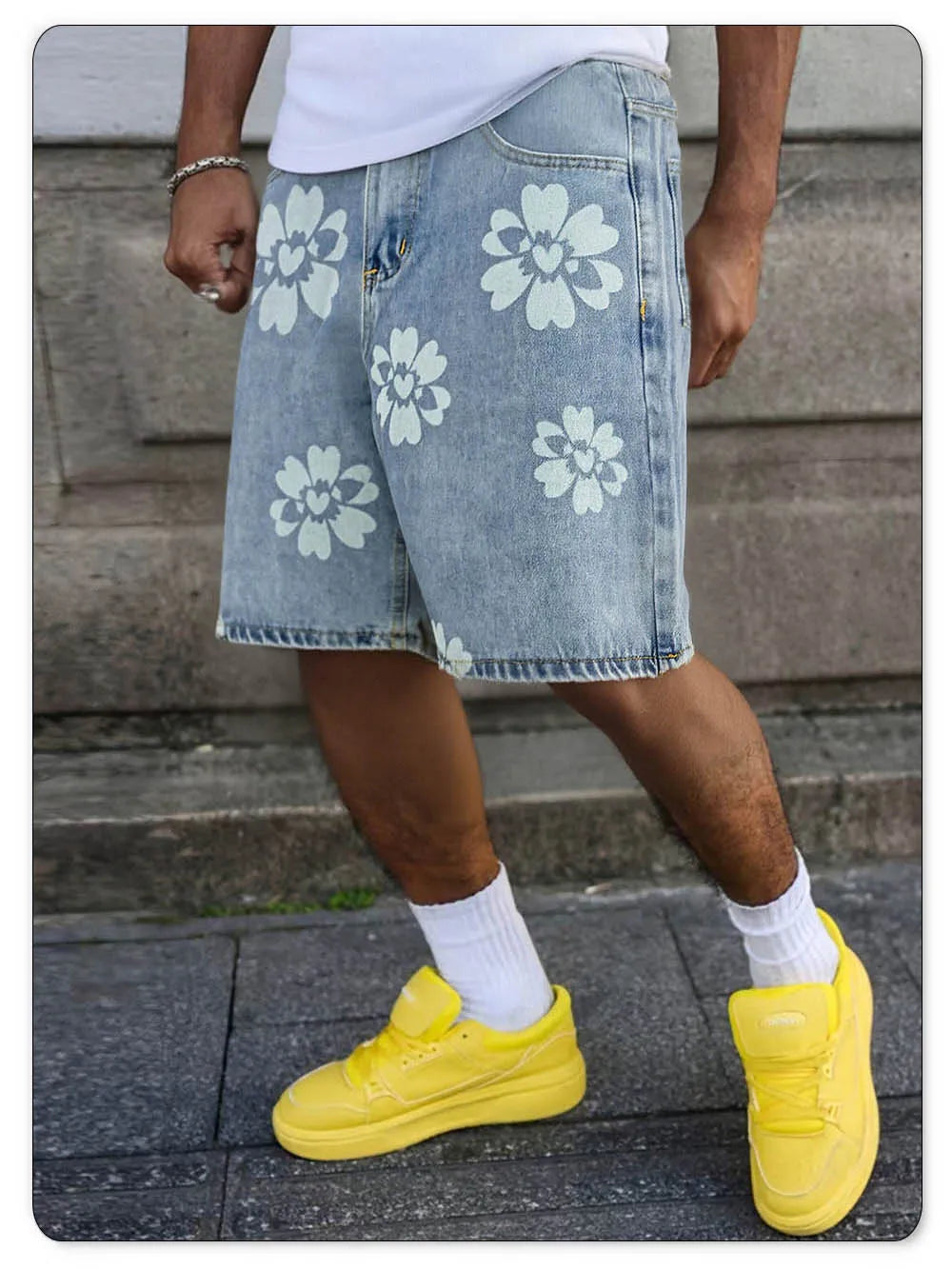 LIYS Fresh Delicate Style Flower Print Fashionable Wide Leg Men's Jeans Y2K Casual Elegant Bermuda Denim Shorts Couple Pants