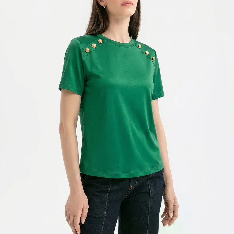 Fashionable Short Sleeve T-Shirt Women's Slim Fit Solid Color Summer 2026 Casual round Neck Polyester Blend Top