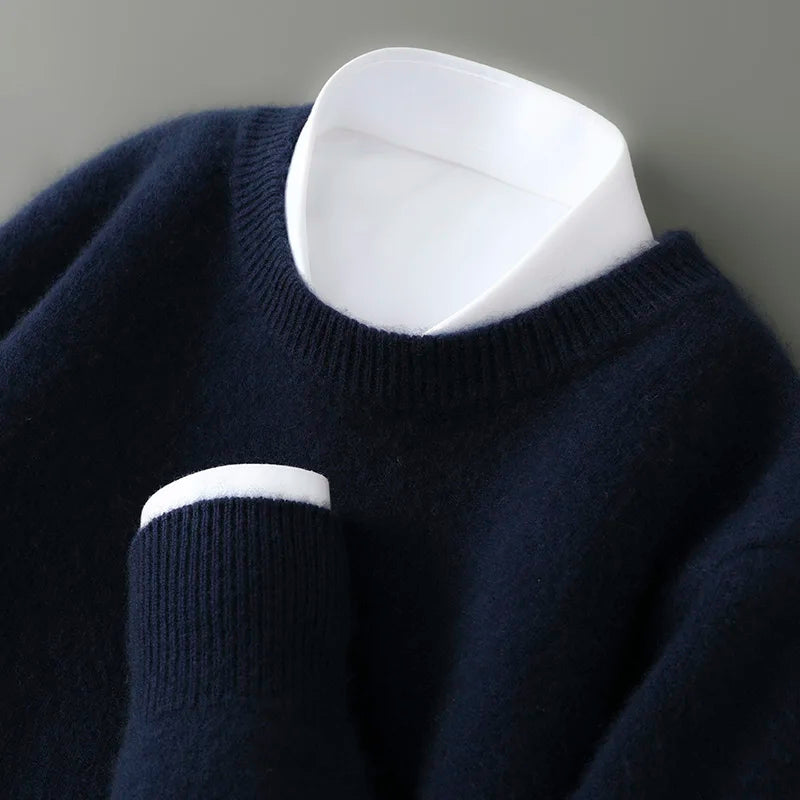 100% Australian Wool Knitted Men's O-Neck Sweater, Casual Business, Spring and Autumn Men's Long-Sleeved Pullover New Sweater
