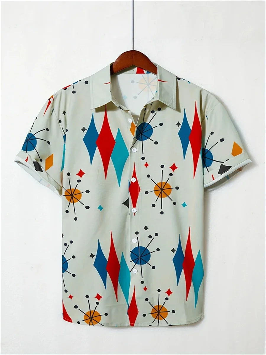 New Summer Men's Shirt with Blue and White Porcelain Floral Print, Short-Sleeve Shirt, Casual Loose-Fitting Lapel Hawaiian Shirt