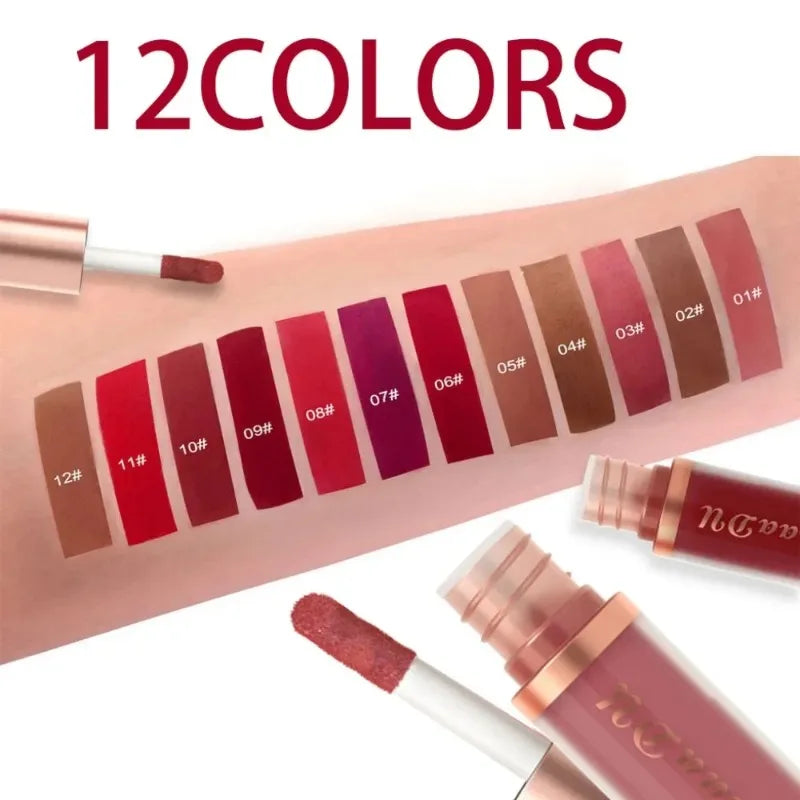 12 Colors Matte Velvet Lip Glaze Waterproof Liquid Lipstick Nude Brown Moisturizing Long Lasting Non-stick Cup Lip Gloss Makeup
