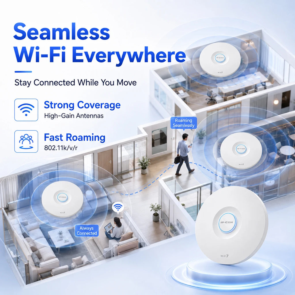 WiFi 7 Access Point 5.1Gbps BE5010 Dual Band 2.5G PoE Ceiling Wireless AP 160MHz MLO Fast Roaming 256 Clients Enterprise WiFi