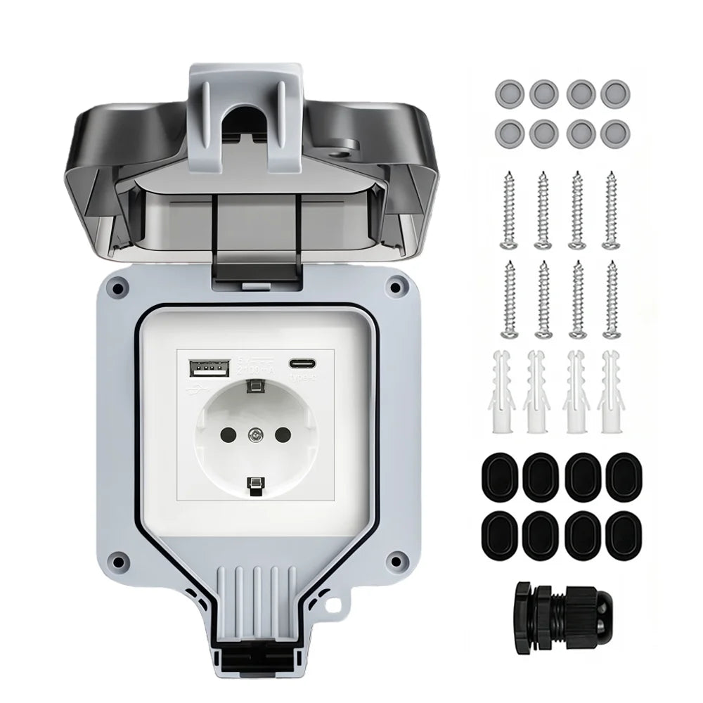 Waterproof Outdoor Socket,Double Power Outlet with Protective Cover ,Dustproof Windproof Socket,Wall-Mounted Garden Power Outlet