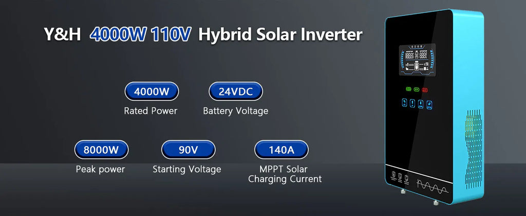 Y&H 4KW Hybrid Solar Inverter 24VDC to 110V/120VAC 4000W Off Grid Pure Sine Wave Solar Inverter with MPPT 140A Solar Charger 50Hz/60Hz