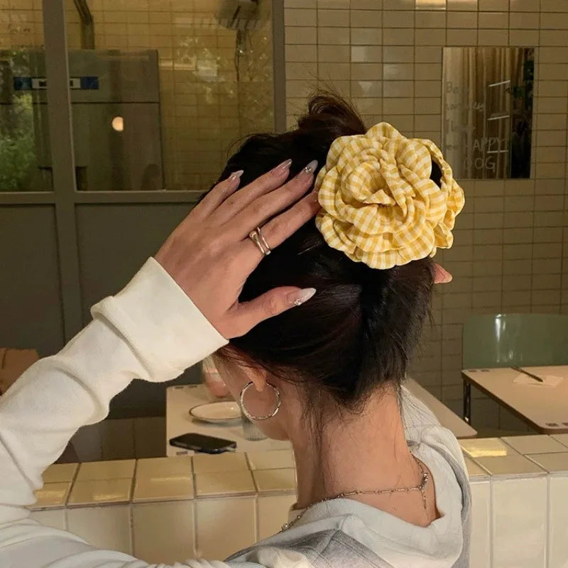 Women's Hair Claw Clip Checkered Yellow Rose Exquisite Grab Clip Hair Grab High End Korean Hair Accessory Flower Head Accessory