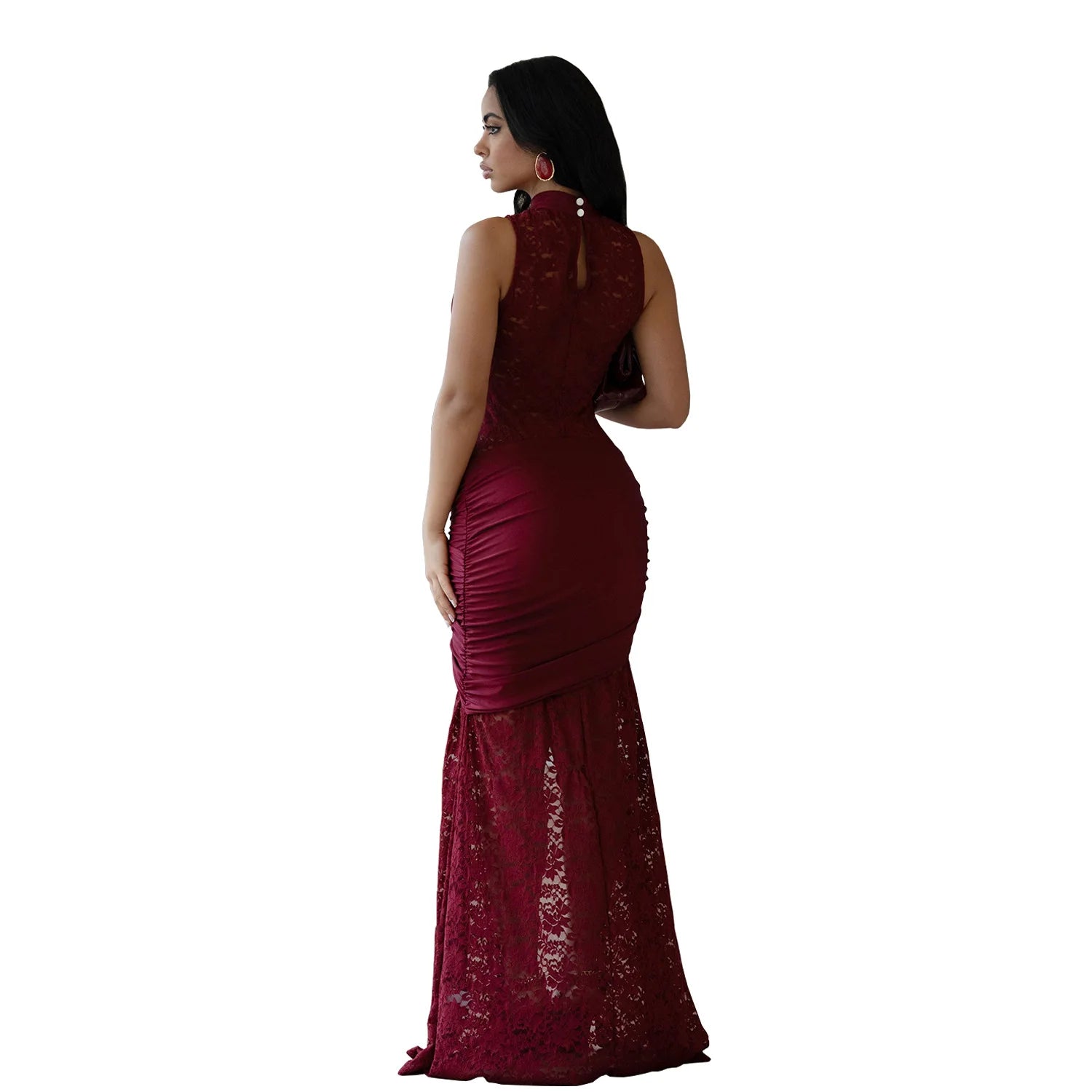 Sexy Women Lace Hollow Out Sleeveless Ruched High Split Maxi Long Dress 2026 Party Trendy Birthday Vacation Beach Dresses