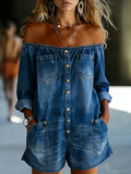 2026 New Fashion Retro Off Shoulder Long Sleeve Loose Denim Washed Jumpsuit Shorts Women Casual Slim Fit Temperament Set