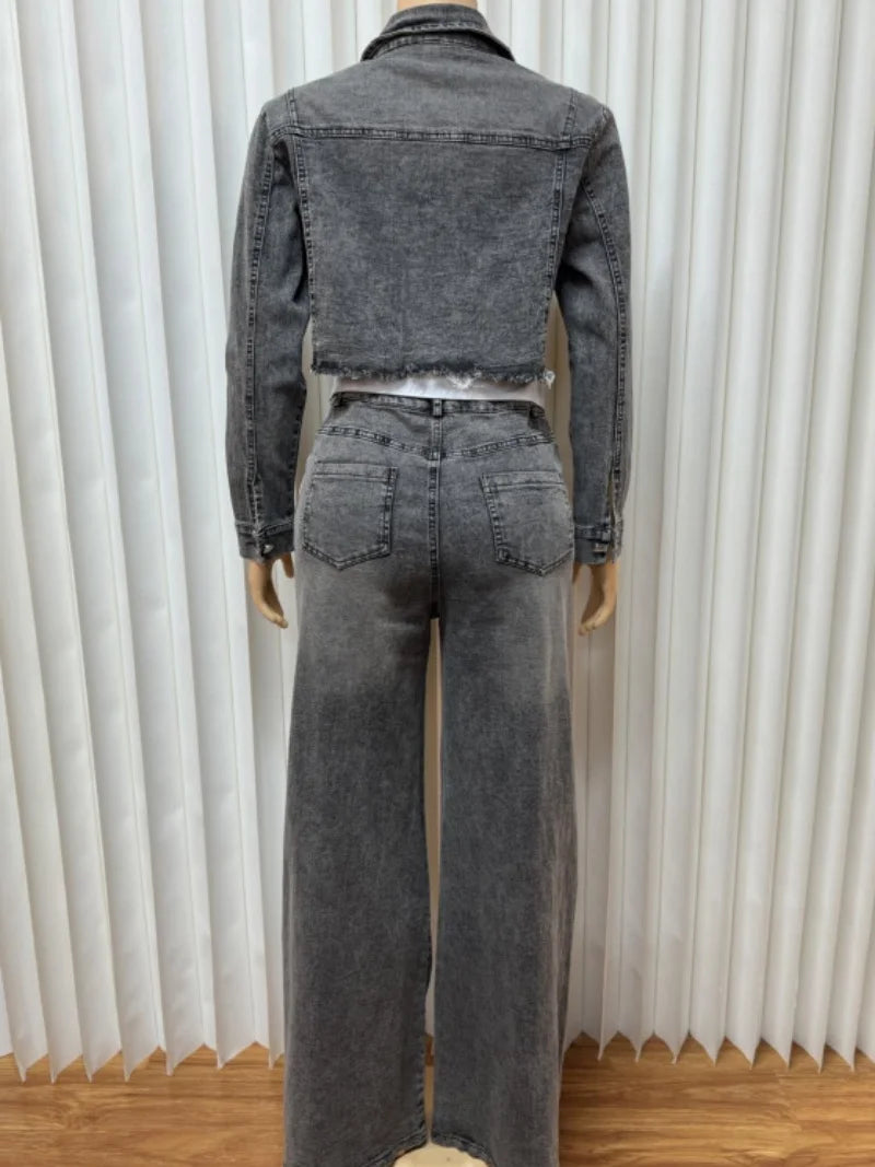 Streetwear Denim 2 Piece Sets Women Outfit Autumn Clothes Women Long Sleeve Jean Short Jacket Straight Jeans Pant Sets Tracksuit