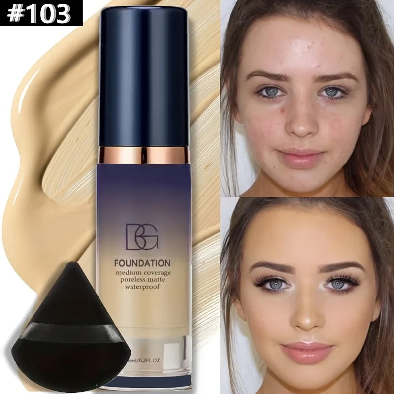 2pcs Face Makeup Set, Includes a Bottle of All in One Foundation and a Black Triangular Powder Puff