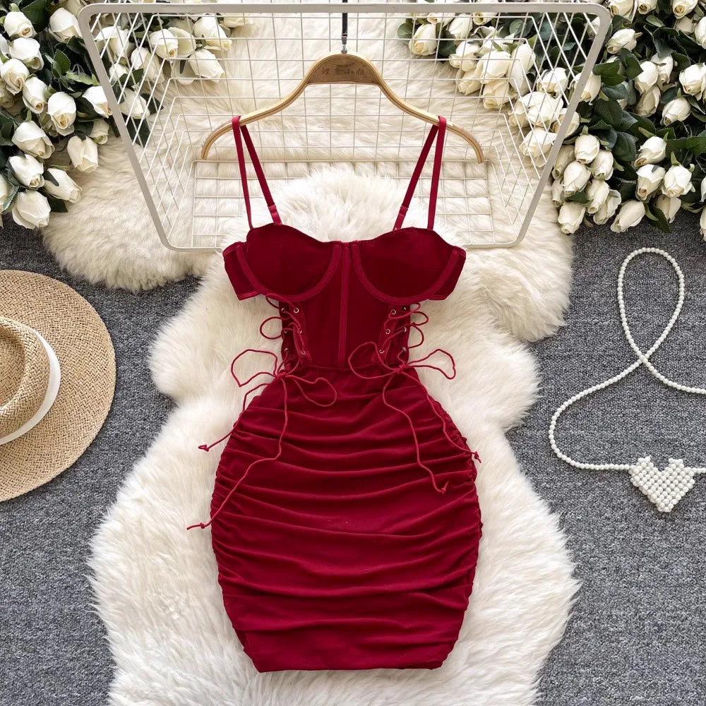 Foamlina Ins Sexy Hollow Out Sling Dress with Exposed Waist Bandage Pleated Slim Fit Bodyocn Girl's Photo Date Short Dress