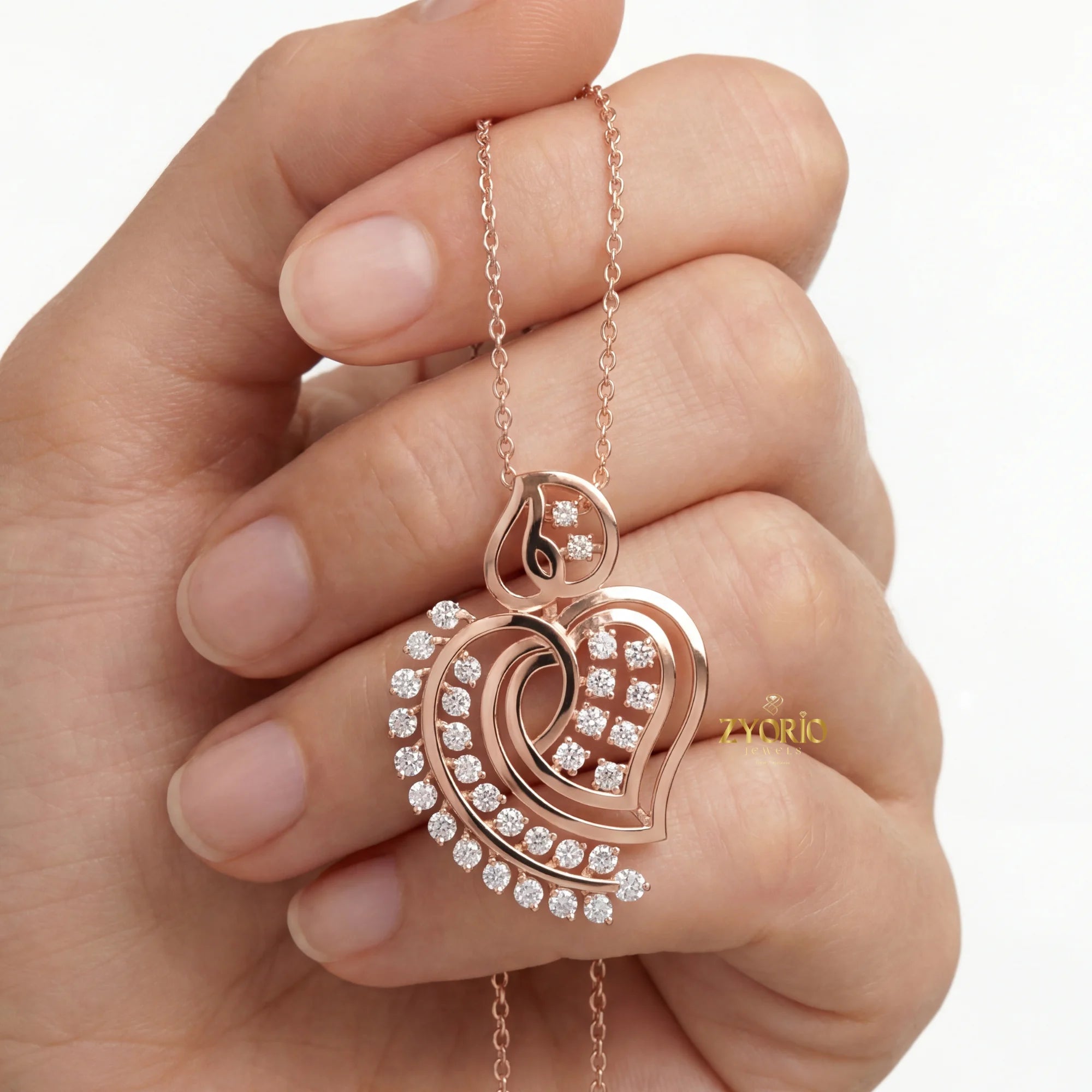 ZYORIO Rose Gold Heart Pendant Necklace With Round Diamond Claw Setting Romantic Women's Snake Chain Jewelry