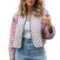 Womens Fall Winter Jackets Floral Print Stand Collar Open Front Quilted Coat Long Sleeve Padded Outerwear Vintage Casual