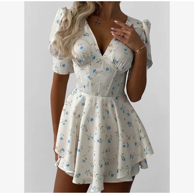 Satin Printed Mini Dress Women Elegant V Neck Puff Short Sleeve Waist-cinching A-line Dresses 2026 Summer Lady Party Robes