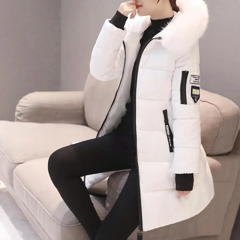 Fashion Women Winter Cotton Coat Parka Thickened Padded Stuffed Hooded Mid Length Warm Zip Up Slim Lady Down Coat Long Overcoat