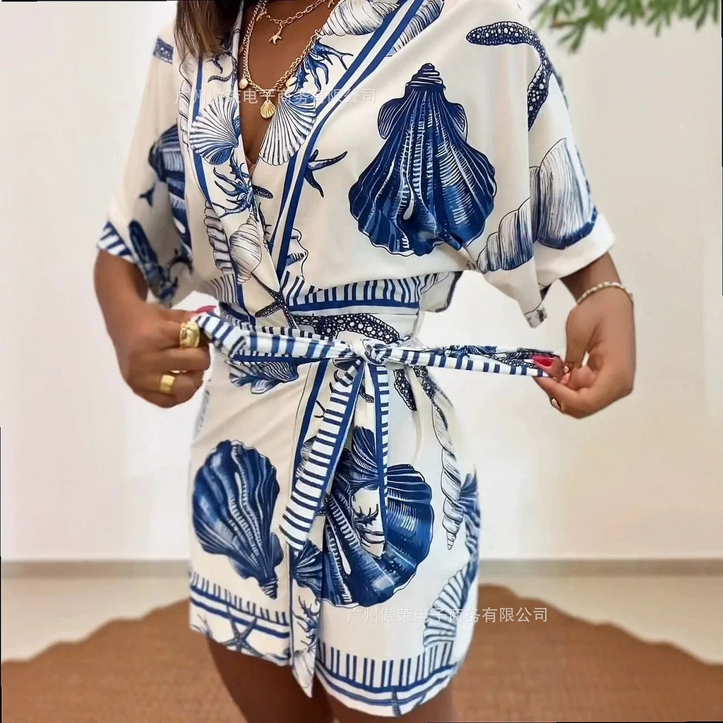 Women V Neck Beach Printed High Waist Stretch Jumpsuit Shorts Overall Playsuit