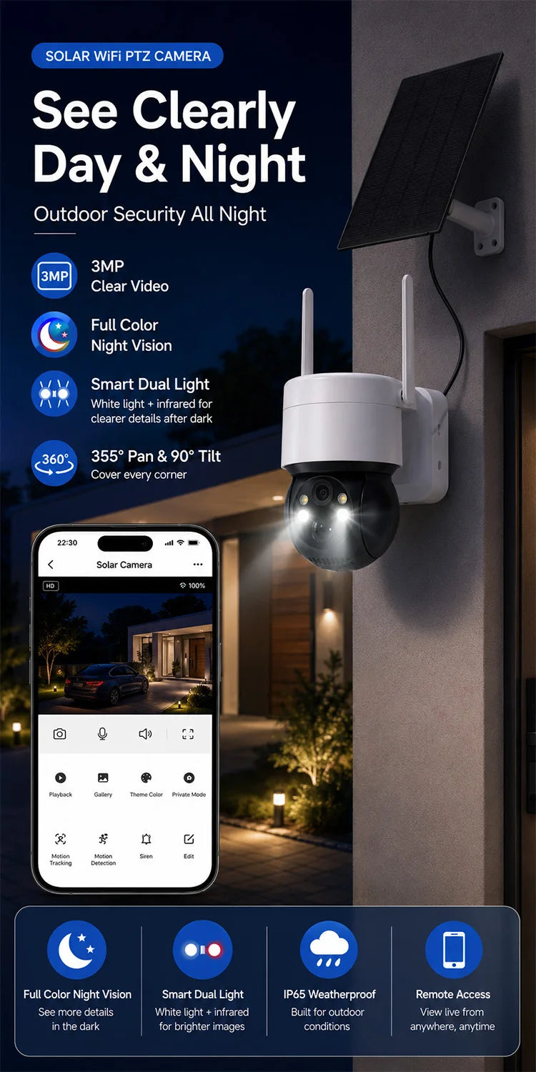 Solar WiFi Camera 3MP TUYA Smart Outdoor PTZ Security Camera Solar Powered 2-Way Audio Full Color Night Vision PIR Alerts IP66