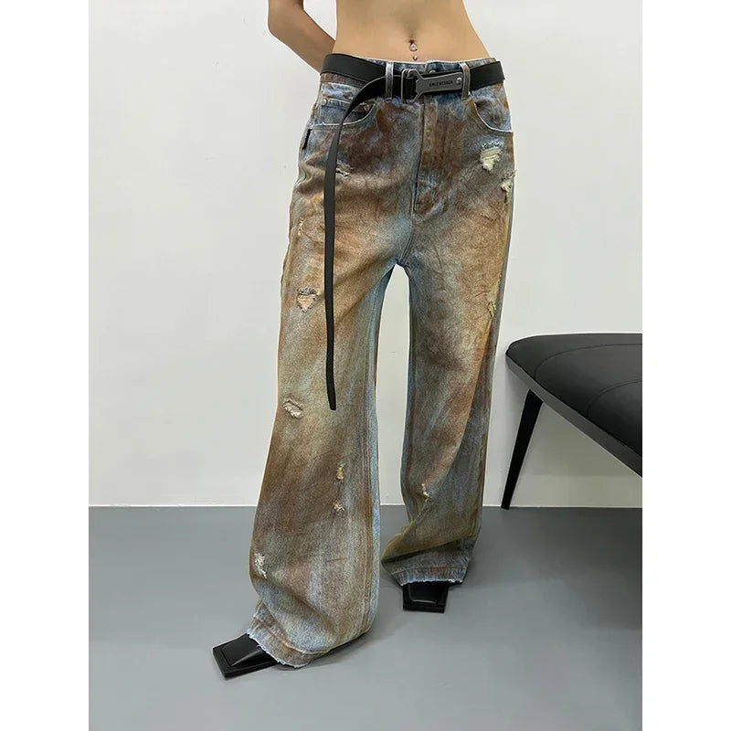 Vintage Washed Baggy Jeans Women Y2K Harajuku Streetwear Loose Wide Leg Denim Pants High Waist Retro Distressed Jeans Outfit y2k