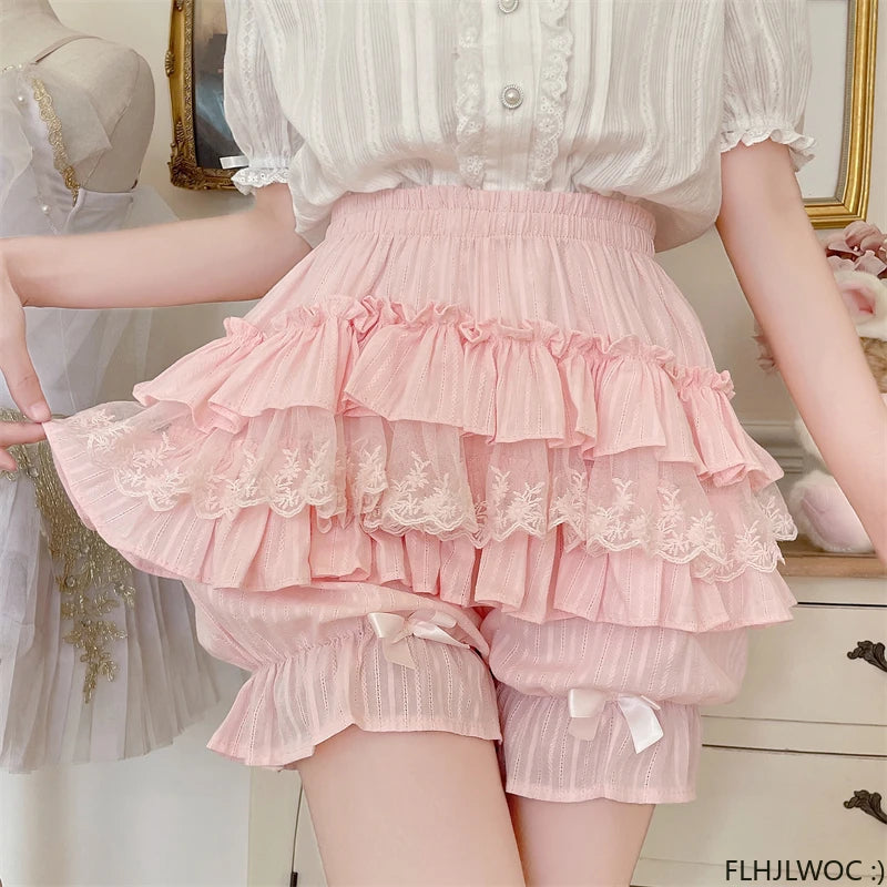Cotton Bloomers Lolita Style Girls Cute Sweet Japan Sexy Lace Date Princess Pink Layer Puff Shorts Ruffles Lantern Small Pants