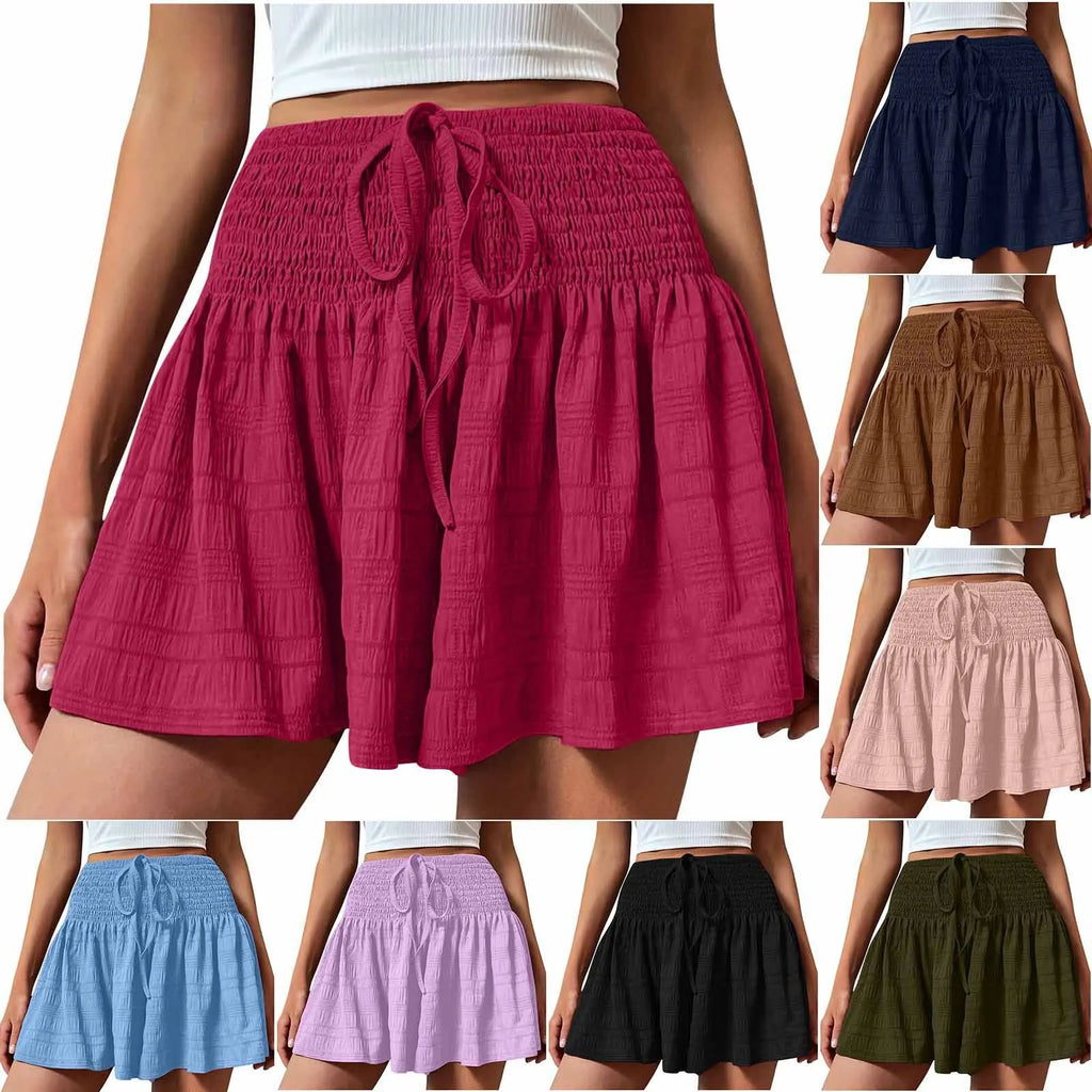 Women Casual High Waist Shorts Skirt Smocked Elastic Drawstring A-Line Flowy Short Skirt Pants Summer Solid Color Beach Skorts