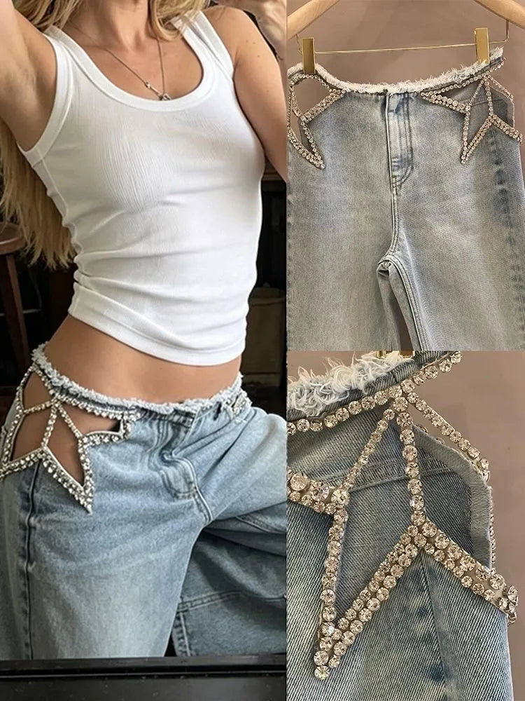 Y2k Two Hollow Out Star Ripped Jeans Women Casual 2026 Hot Sell Denim Pants American Streetwear Wide Leg High Waist Baggy Jeans