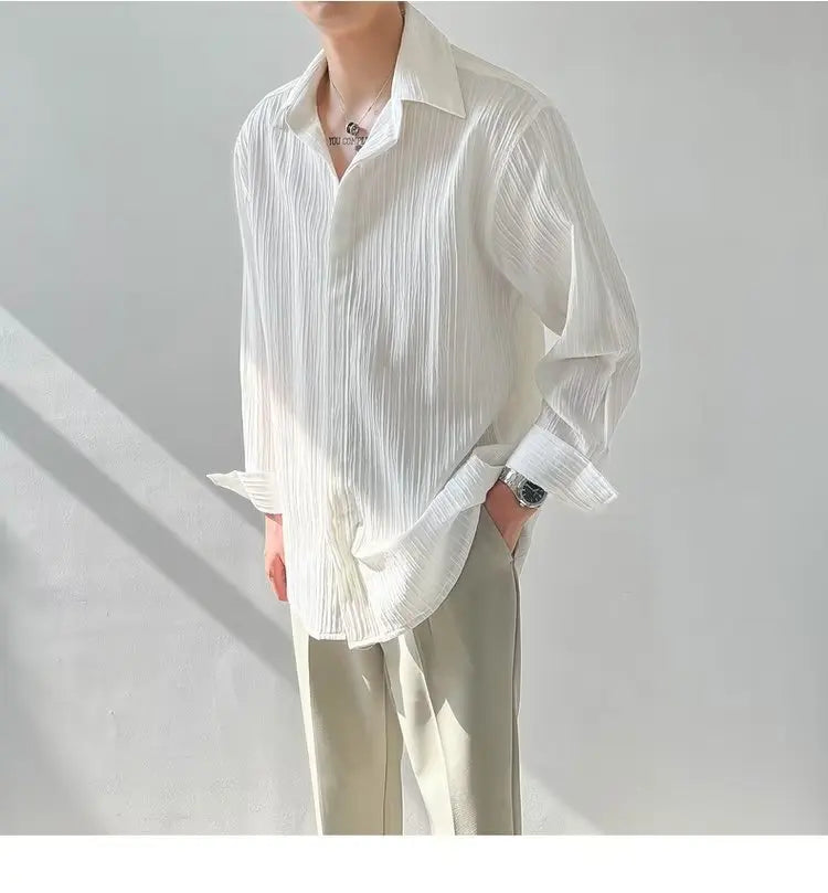 Black Apricot White Long-sleeved Shirt Men Fashion Social Mens Dress Shirt Korean Loose Casual Pleated Shirts Mens Formal Shirt
