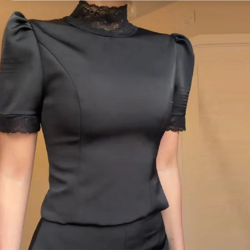 Solid Satin Lace Edge Top Short Sets For Women High Neck Padded Shoulder Blouse Low Waist Shorts 2026 Lady Spring Summer Outfits