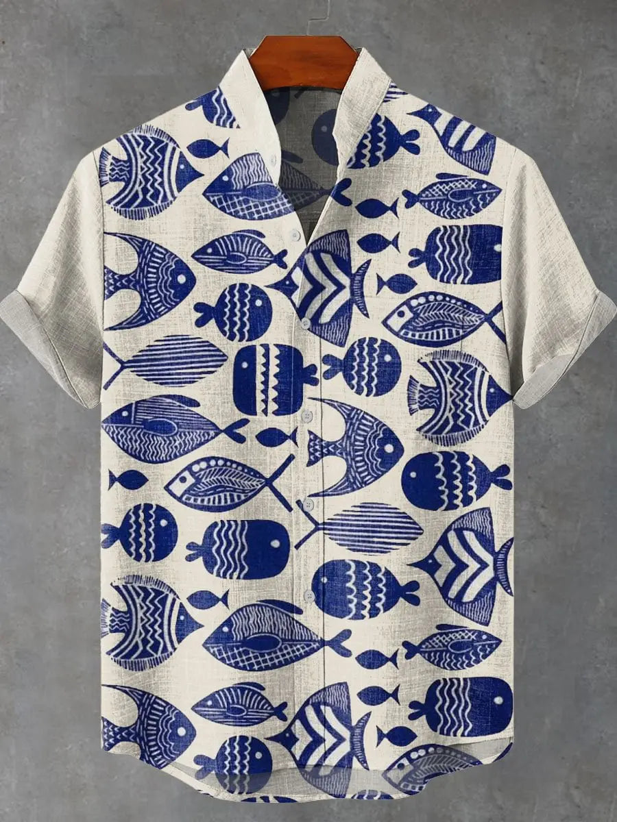 Men's new summer beach casual fish pattern short sleeved shirt fishing enthusiast clothing linen button up shirt