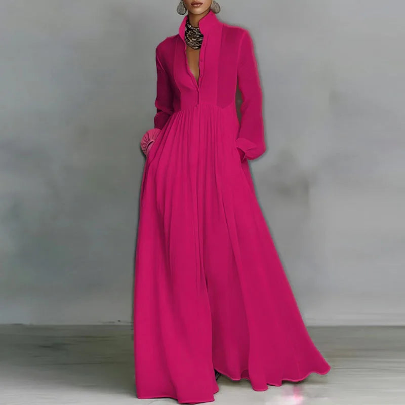 French Elegant High Waist Swing Long Dress Woman Spring Solid Pockets Pleated Maxi Dress Autumn Long Sleeve Button Evening Dress