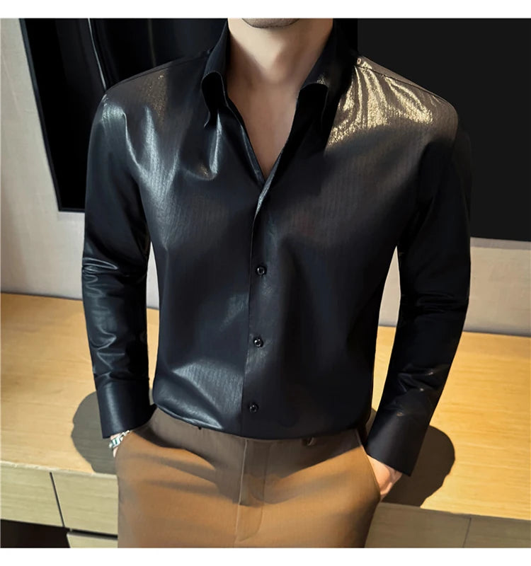 Men's 2026 Spring Luxury Lyocell Cotton Shirt, Leather-Like Texture Jacquard V-Neck, Long Sleeve Business Casual Top