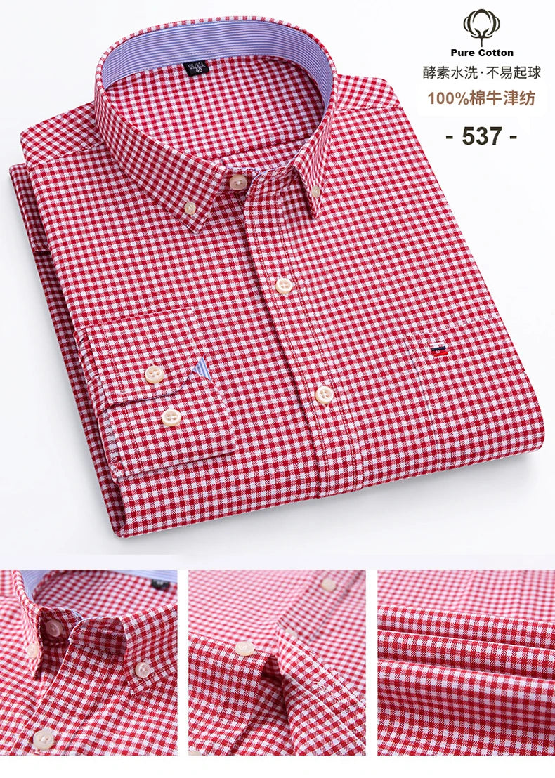 S-6XL Oxford Shirts for Men Long Sleeve Pure Cotton Solid Stripe Leisure Embroidered Horse Streetwear Business Plain Office 6XL