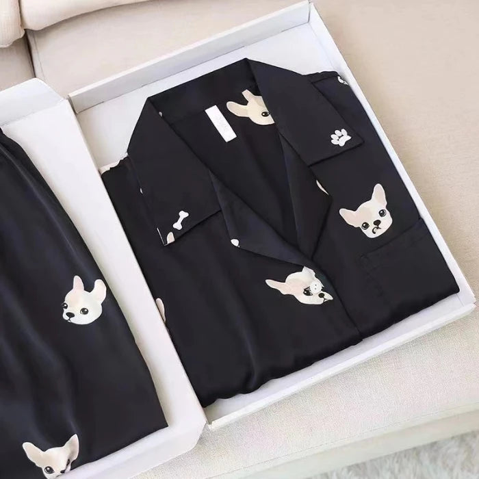 2024 Spring New Lapel Button Cardigan Lounge Sets Womens 2 Piece Ice Silk Pajamas for Women Fashion Printing Sleepwear for Wome