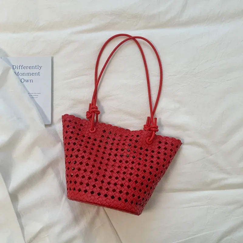 Hand-woven Openwork handBag With Zipper Inner Pocket,summer Pu Leather Beach Bucket Bags,large Capacity Simple Shopping handBag