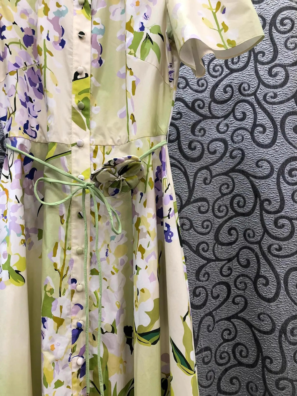 100%Cotton Long Dress 2026 Spring Summer Women Turn-down Collar Sweet Floral Print Belt Deco Short Sleeve Long Maxi Dress Luxury