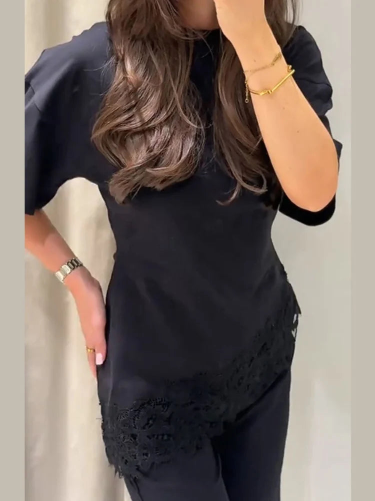 Elegant Satin Lace Patchwork Top Women Casual O-neck Loose Long Sleeves Strappy Female Shirt 2026 Spring Lady Fashion T-shirt