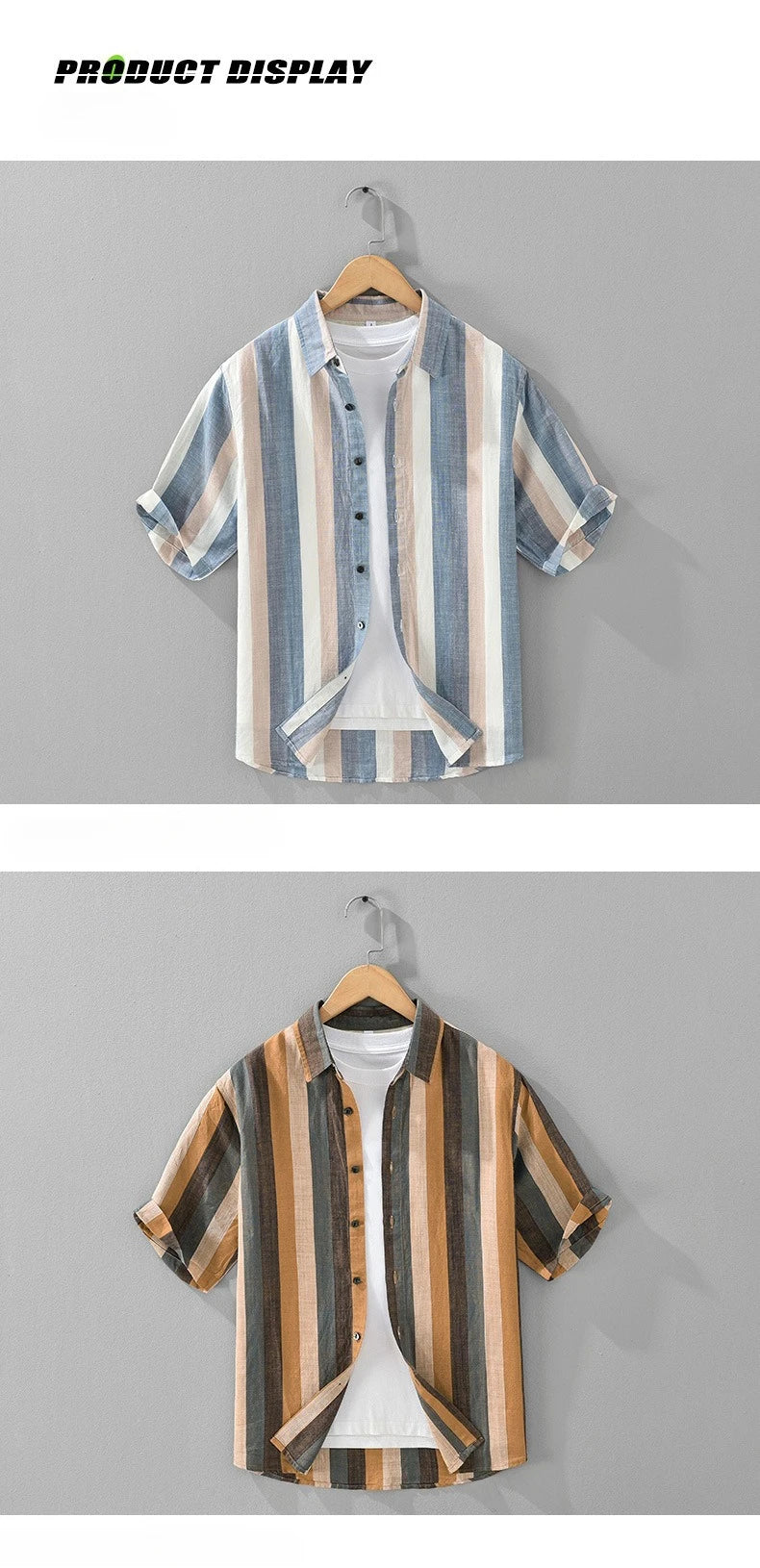 Summer New Linen and Lyocell Cooling Striped Half Sleeve Shirt for Men Casual Turn-down Collar Shirt  EC1292