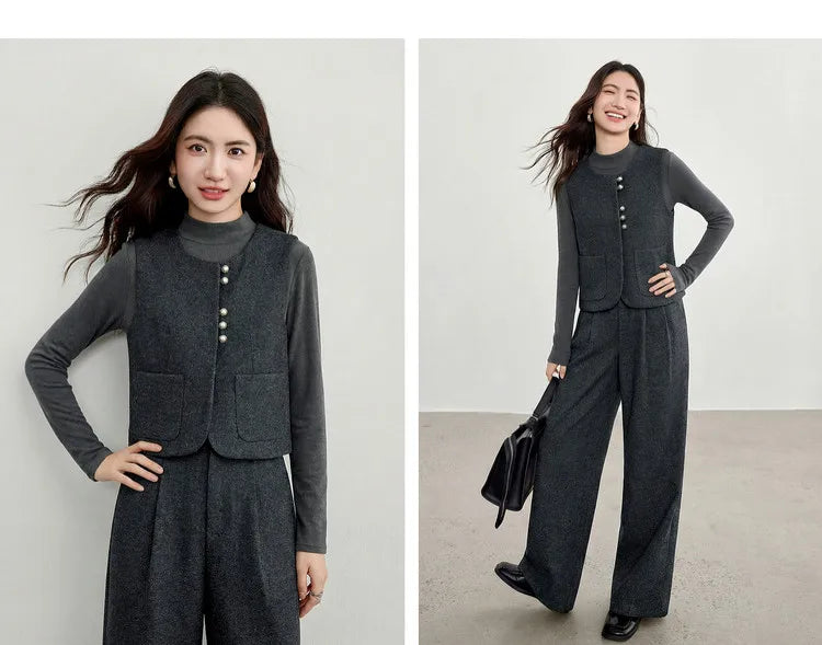 SENTUBILA Women's 2 Piece Pants Set 2026 New O Neck Waistcoat Straight Pant Winter Office Lady Wool Blend Female Suit 154ZA6093