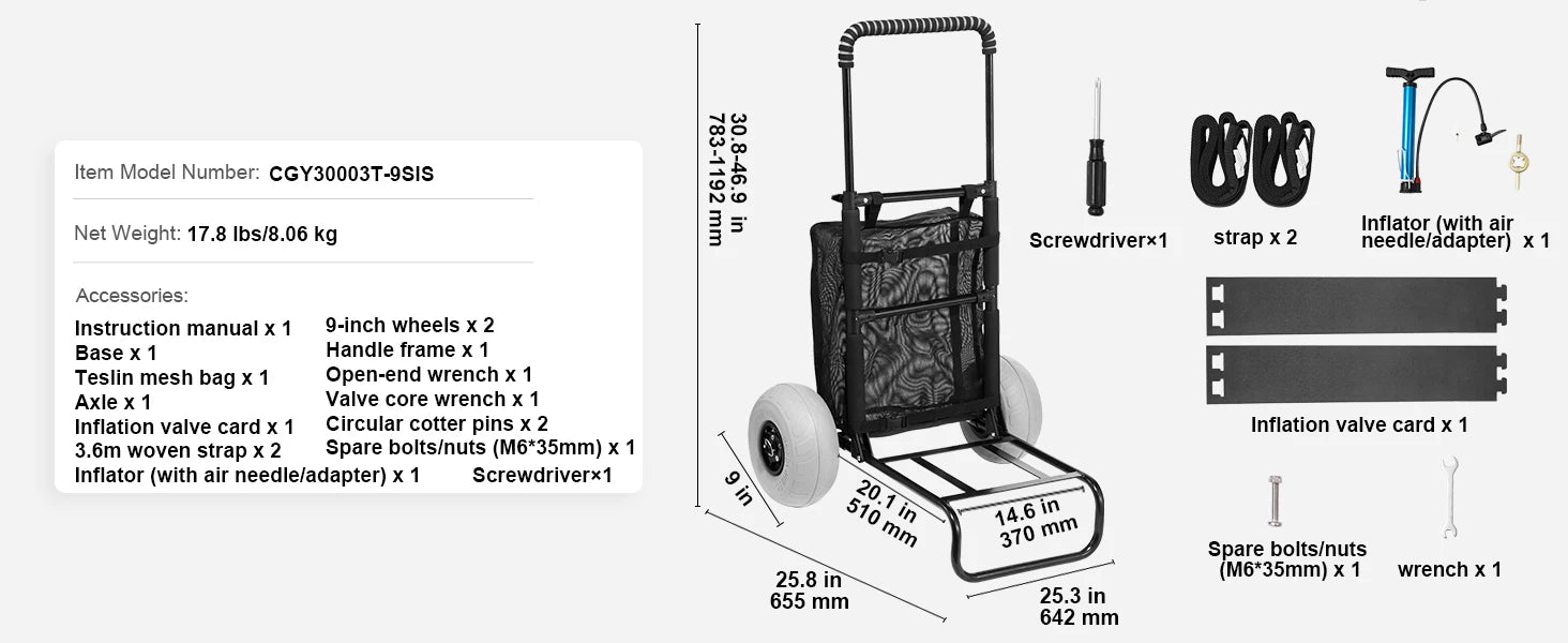 SucceBuy Beach Dolly with Big Wheels for Sand 165LBS Loading Capacity Folding Sand Cart with Cargo Deck Balloon Wheels for Beach