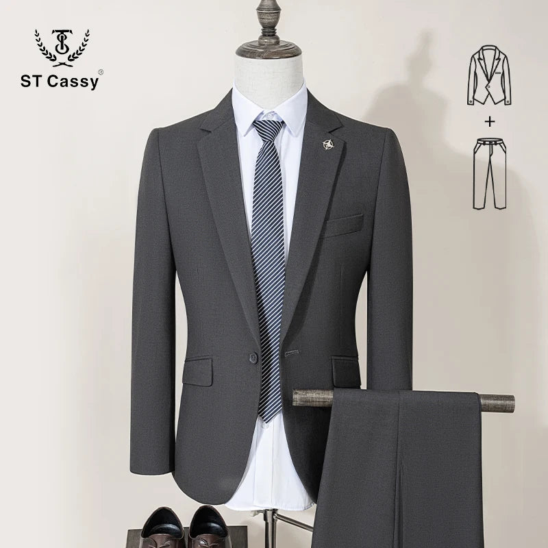 ST Cassy Dark Blue Men's Suit Slim Fit Solid Color Suit Formal Business Office Single Breasted Coat Pants 2 Pieces Set