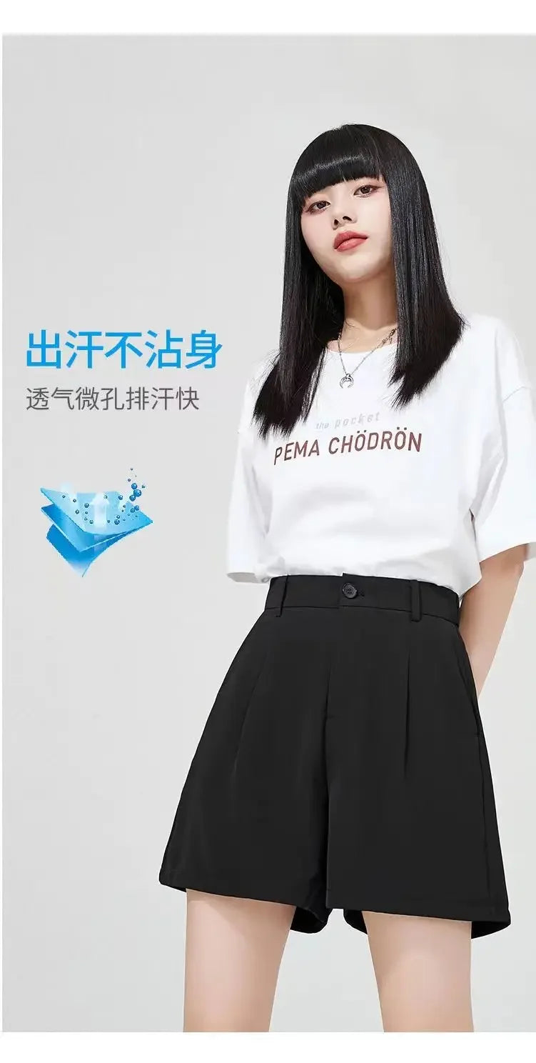 Suit Shorts Women Wear Loose Waist Tight Waist High Thin Loose Straight Leisure A -line Wide -legged Female Three -point Pants