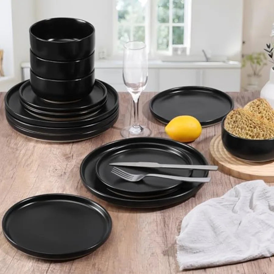 Stoneware Dinnerware Sets, 12-Piece Plates and Bowls Set for 4, Dishes Set for Home Restaurant, Frosting Black