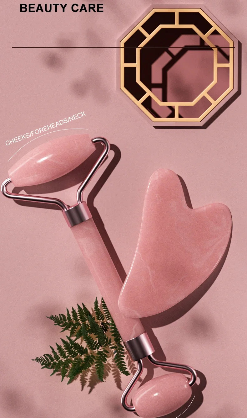 Dual Size Facial Massage Kit Double End Roller Heart Shape Gua Sha Board Skin Lifting Puffiness Reducing Home Spa Beauty Tool