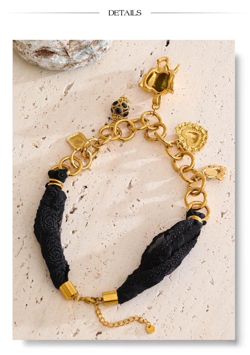 Yhpup 2025 Black Lace Chain Heart Elephant Pendant Statement Necklace 18K Golden Plated Stainless Steel Charms Handmade Jewelry